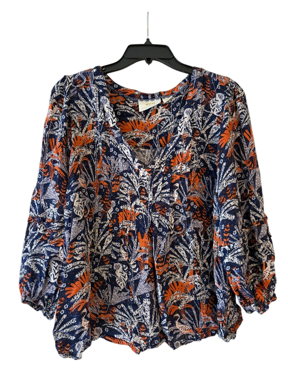 Maeve Anthropologie Size Large Boho Floral Bird Print Peasant Blouse Navy Orange